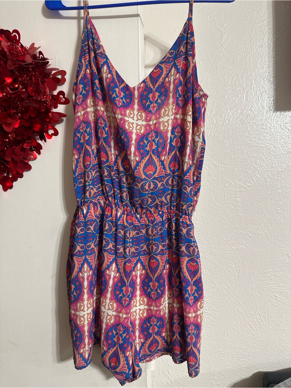 Sleeveless Blue and Pink Printed Romper